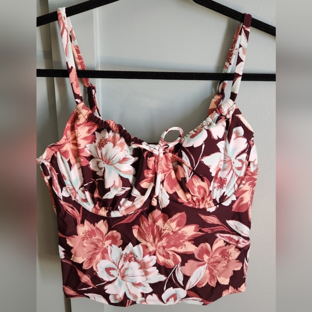 NWT Kona Sol Burgundy Bustier Floral‎ Swimsuit Tankini Crop Top Size Large